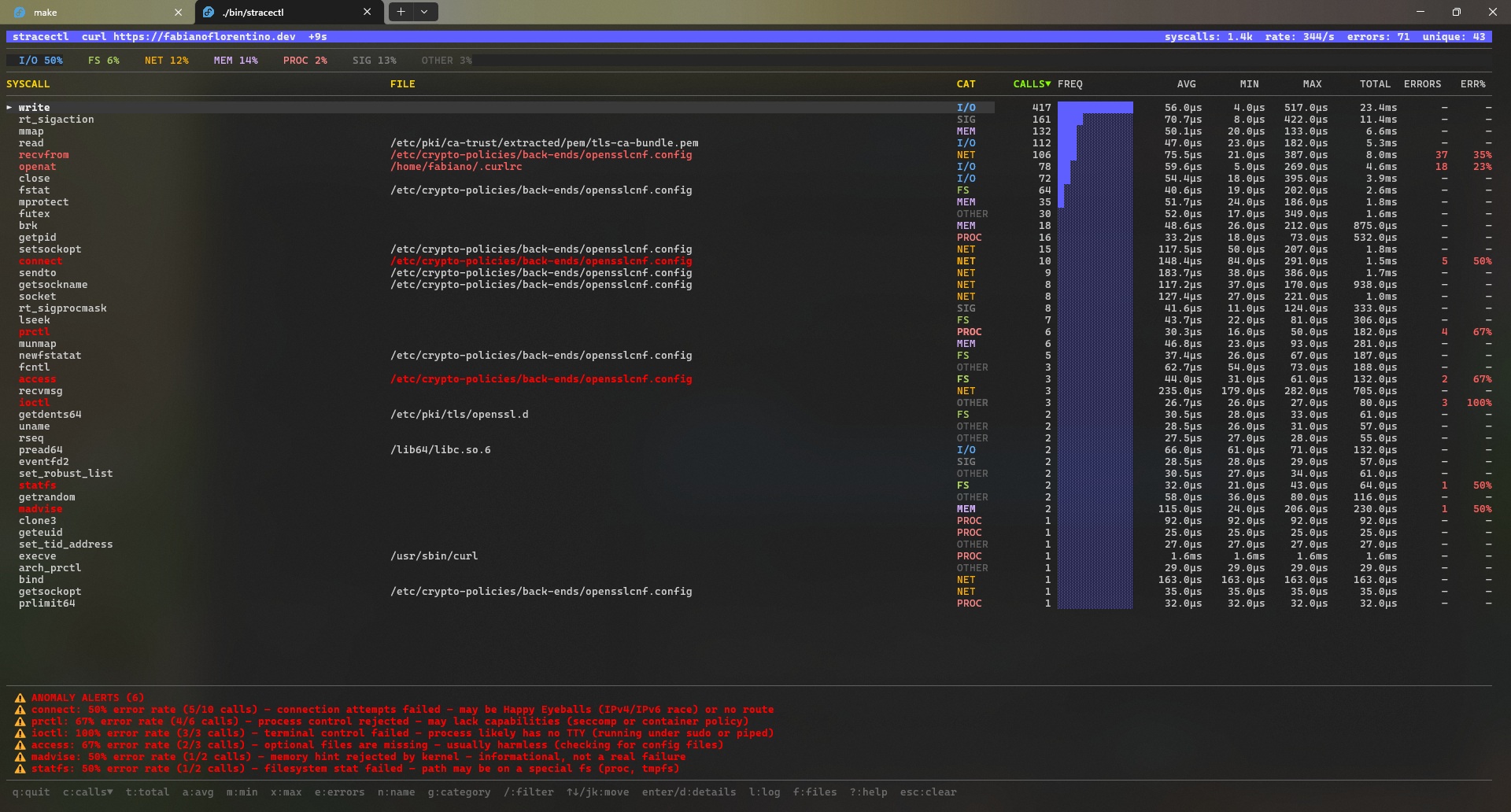 stracectl TUI main screen